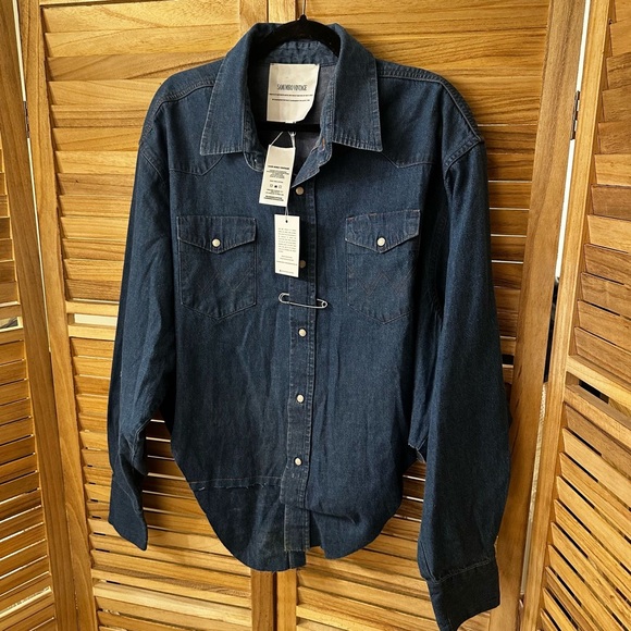 Sami Miro V cut Safety Pin Blouse in Vintage Denim size XL - Picture 10 of 11